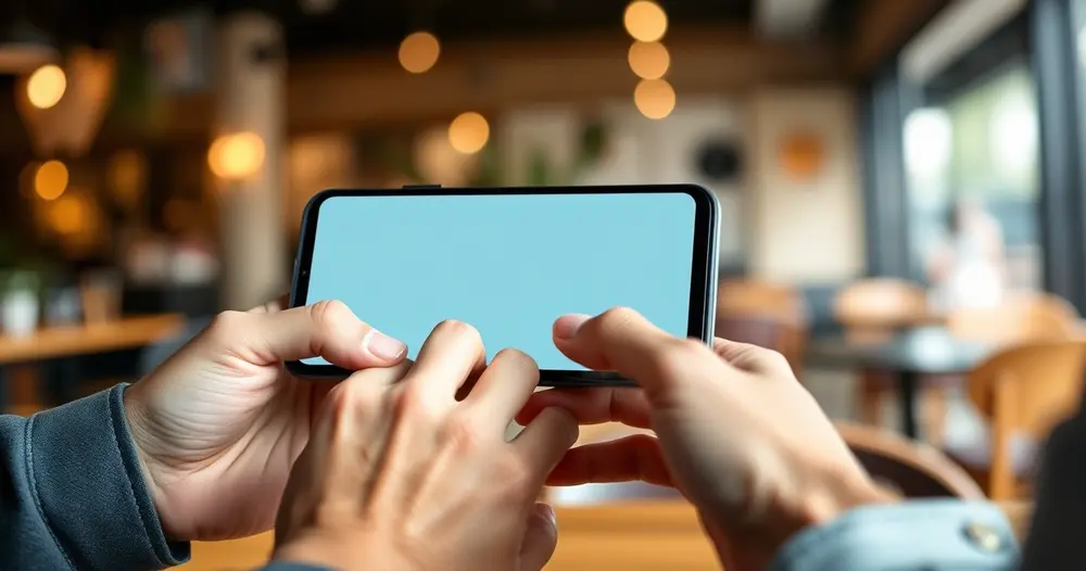 Duas mãos usando um celular de tela apagada em primeiro plano com fundo de cafeteria desfocado