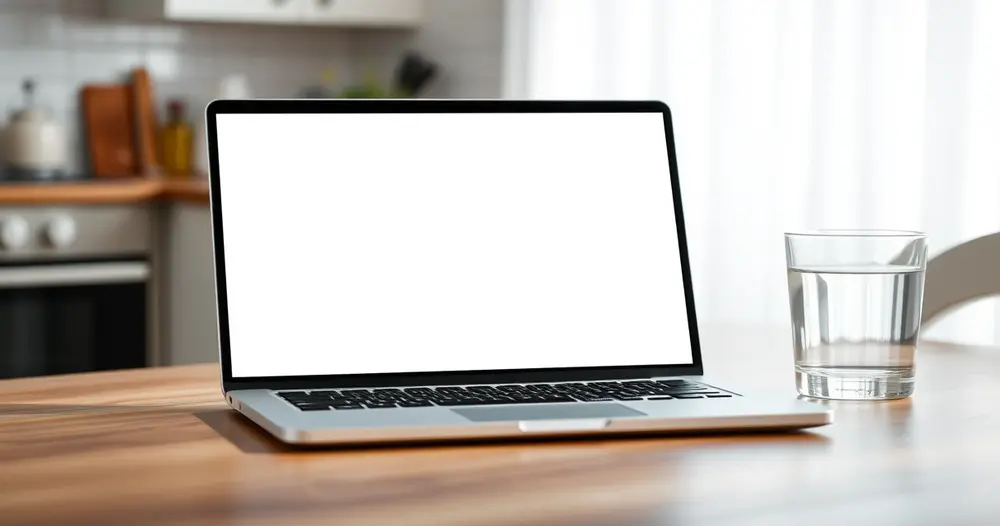 Notebook aberto com a tela apagada sobre mesa de cozinha ao lado de um copo de água
