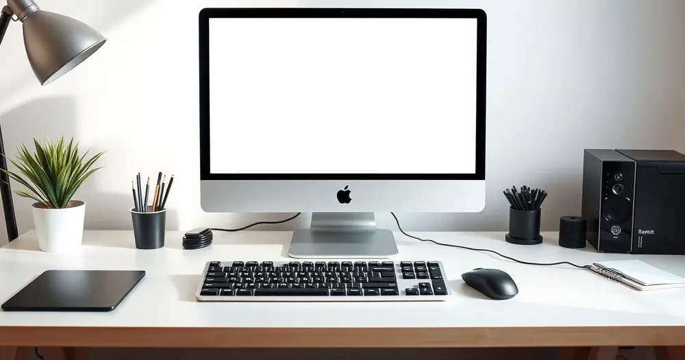 Teclado e mouse sobre escrivaninha organizada com monitor de tela apagada ao fundo