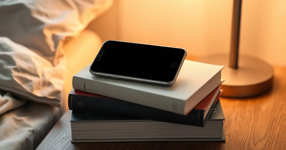 Celular de tela apagada apoiado sobre pilha de livros em criado-mudo com luz de abajur