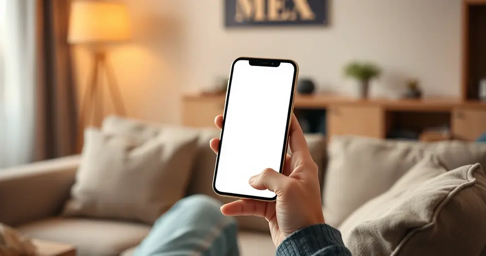 Pessoa sentada em sofá segurando celular na vertical com a tela apagada em sala de estar aconchegante