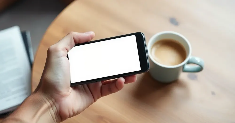Mão segurando um celular com a tela apagada sobre mesa de madeira ao lado de uma xícara de café