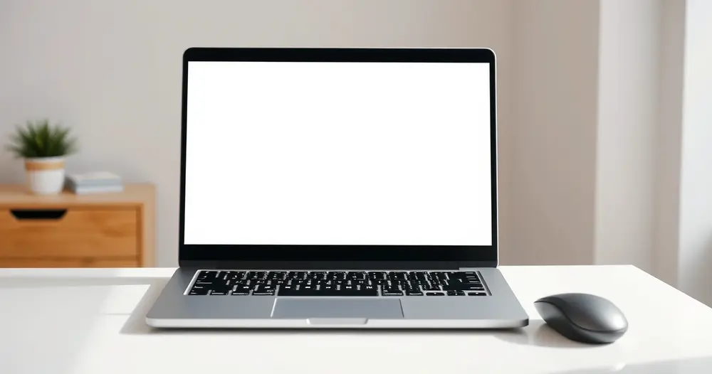Notebook moderno com a tela apagada aberto sobre escrivaninha limpa ao lado de mouse sem fio