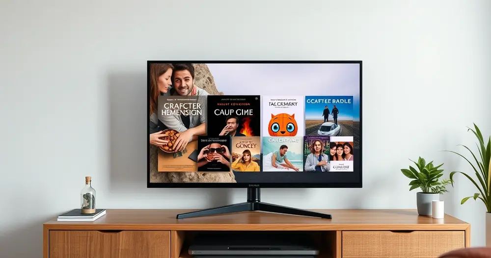 televisão exibindo catálogo de séries com capas organizadas