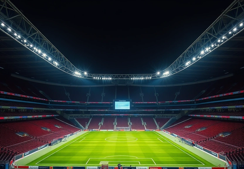 Estádio de futebol vazio à noite, com os refletores acesos