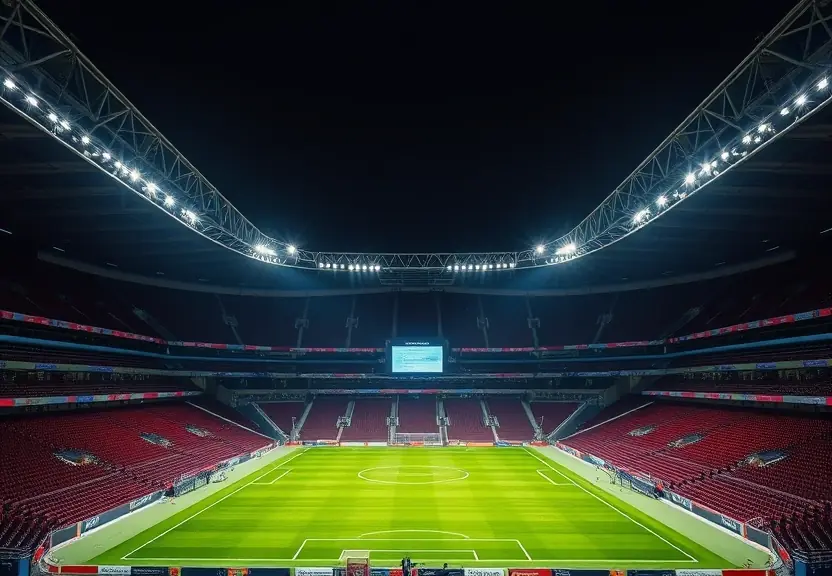 Estádio de futebol vazio à noite, com os refletores acesos